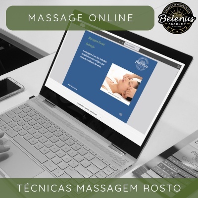 Laptop aberto com ecrã mostrando curso online sobre Massagem Facial da Belenus Academy