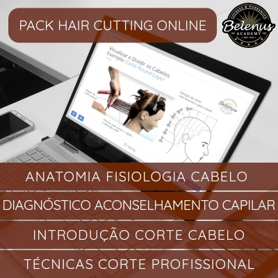 Portátil com curso online de corte de cabelo numa mesa branca com telemóvel e teclado