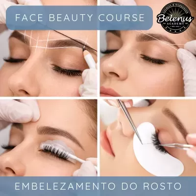 Procedimentos de embelezamento do rosto incluindo marcação de sobrancelhas e aplicação de extensões de pestanas.