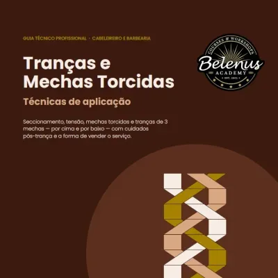 Capa de guia técnico profissional para cabeleireiro com título Tranças e Mechas Torcidas e logotipo Belenus Academy.