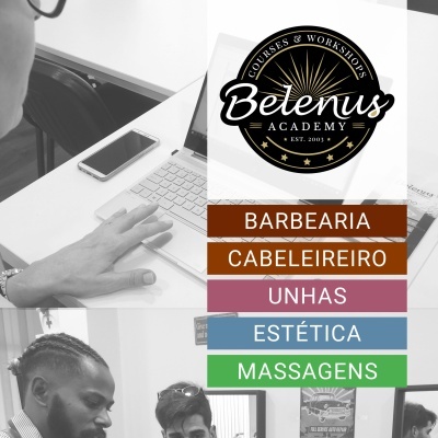 Logótipo de Belenus Academy com lista de serviços em ambiente de barbearia