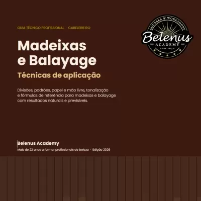 Capa de guia técnico profissional de Madeixas e Balayage em castanho escuro com logótipo da Belenus Academy