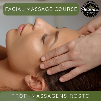 Pessoa a receber massagem facial com texto FACIAL MASSAGE COURSE e PRO. MASSAGENS ROSTO