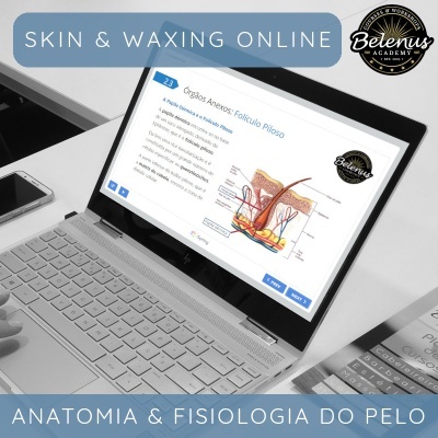 Computador portátil mostrando aula online de anatomia do folículo piloso em português numa mesa com telemóvel e panfletos
