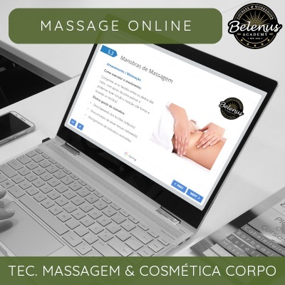 Computador portátil com curso online de manobras de massagem e uma mão a usar telemóvel ao lado