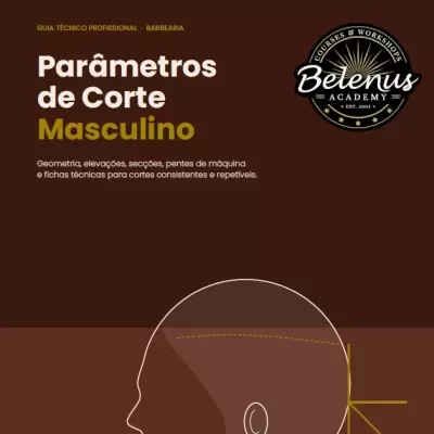 Guia técnico profissional de barbearia com título Parâmetros de Corte Masculino e logo Belenus Academy
