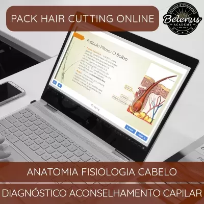 Computador portátil com aula online sobre anatomia do cabelo e telemóvel branco
