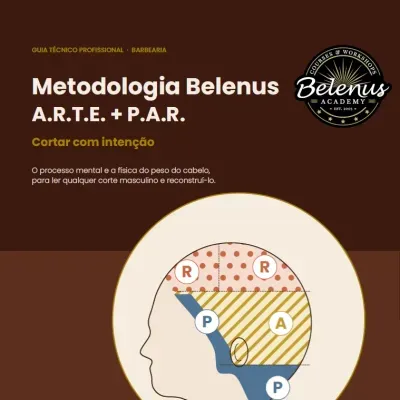 Guia técnico profissional de barbearia Metodologia Belenus com diagrama da cabeça e texto explicativo