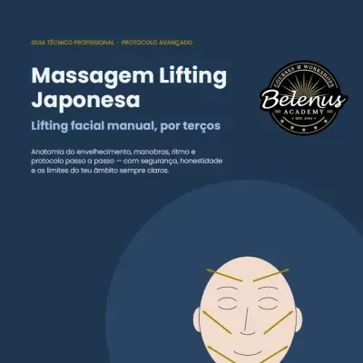 Promoção de guia técnico para Massagem Lifting Japonesa com ilustração de rosto e logótipo da Belenus Academy