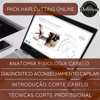 Portátil mostra curso online de corte de cabelo com esquema e texto em português