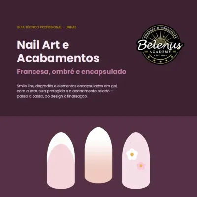Guia técnico de nail art com três designs de unhas em rosa e branco e texto em fundo roxo