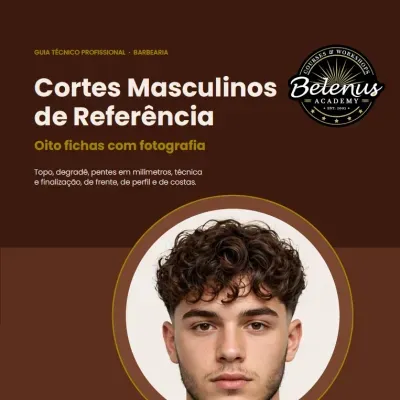 Capa de guia de cortes masculinos com texto e rosto de jovem com cabelo encaracolado.