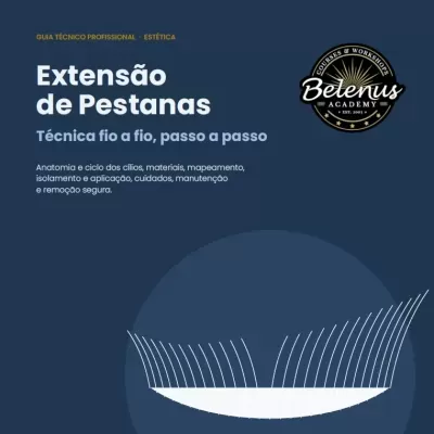 Capa digital azul para guia de extensão de pestanas com logo Belenus Academy