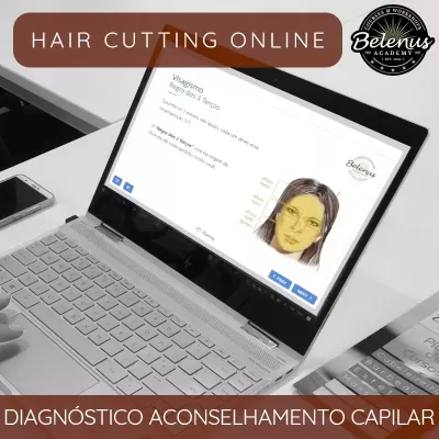 Computador portátil aberto com diagnóstico capilar online e texto promocional em português