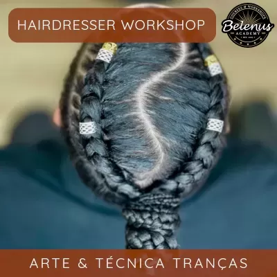 Cabelo preto trançado com acessórios brancos, texto promocional de workshop de cabeleireiro.