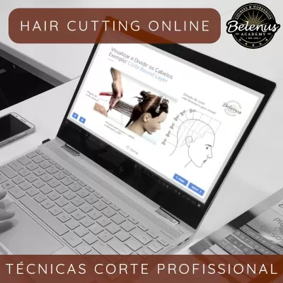 Computador portátil a mostrar curso online de corte de cabelo profissional
