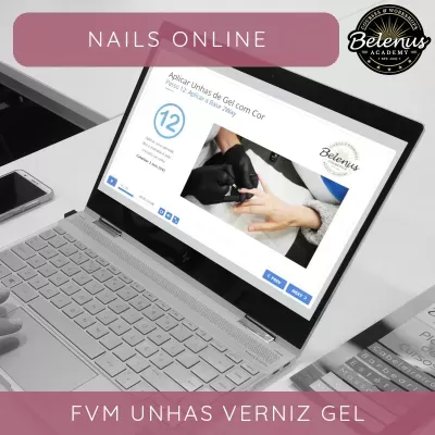 Computador portátil com curso online de unhas de gel e imagem de aplicação de verniz gel