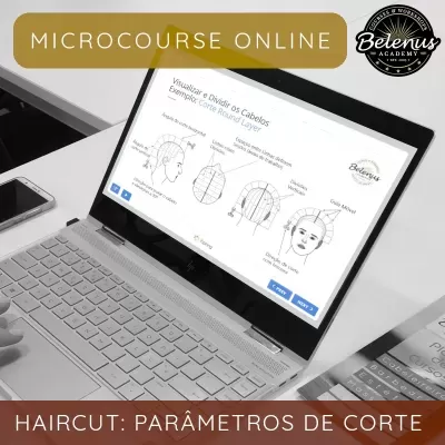 Portátil HP com microcurso online sobre corte de cabelo, smartphone e livro com cursos em mesa branca.