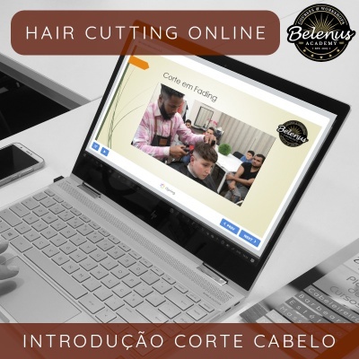 Portátil a mostrar aula online de corte de cabelo com logótipo Belenus Academy