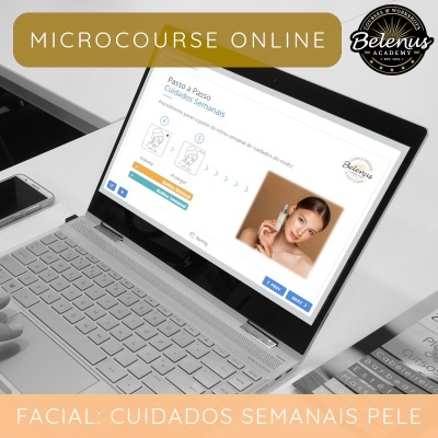 Microcurso online de cuidados semanais faciais no ecrã de um portátil prateado