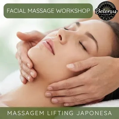 Pessoa recebendo massagem facial com textos promocionais do workshop