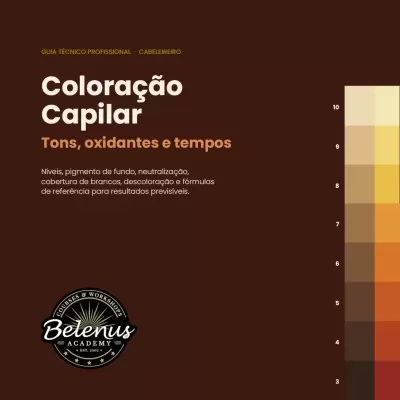 Guia técnico profissional sobre coloração capilar com explicações e paleta de cores em tons castanhos e amarelos.