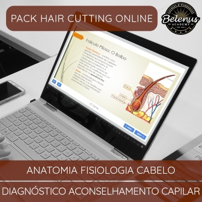 Computador portátil exibindo slide educativo sobre cabelo com smartphone ao lado