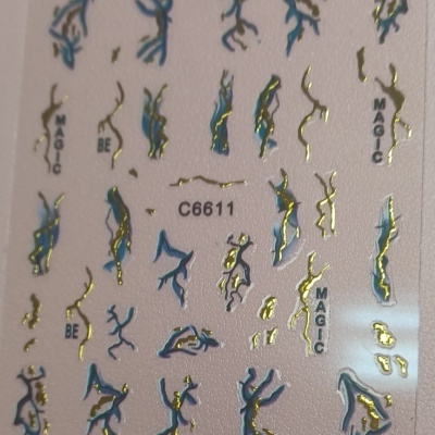 Autocolantes para unhas com figuras azuis e douradas e texto MAGIC e BE.