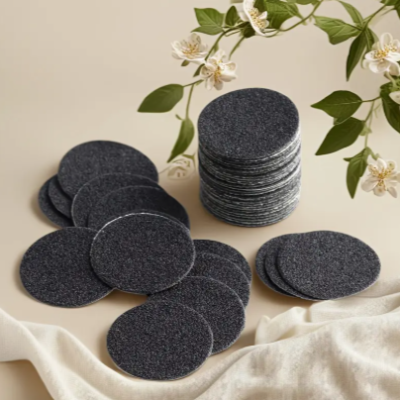 Discos circulares pretos de feltro empilhados e espalhados sobre tecido branco com ramo florescente ao fundo