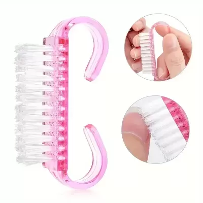 Escova de unhas plástica rosa com cerdas brancas e design em gancho