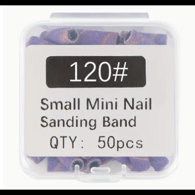 Caixa plástica transparente com bandas de lixagem para unhas roxas e etiqueta informativa