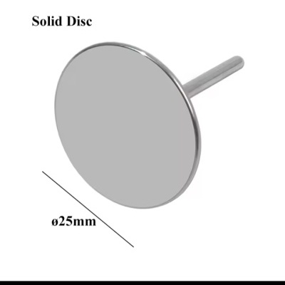 Disco sólido metálico prateado com 25 mm de diâmetro e haste