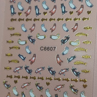 Folha de autocolantes para unhas com gatos coloridos e peixes dourados, código C6607