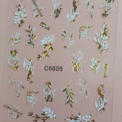Adesivos para unhas florais brancos e dourados num fundo rosa claro com código C6605.