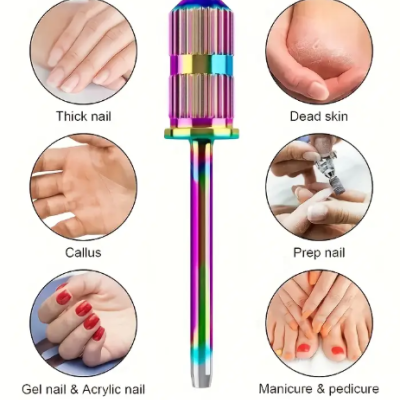 Ferramenta metálica iridescente para unhas mostrando usos em imagens circulares