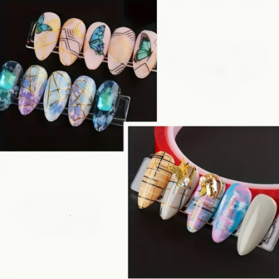 Unhas postas decorativas com padrões geométricos e borboletas em cores pastel