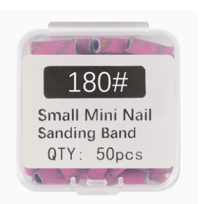 Caixa com bandas pequenas rosas para lixamento de unhas, etiqueta com texto 180# Small Mini Nail Sanding Band QTY: 50pcs.