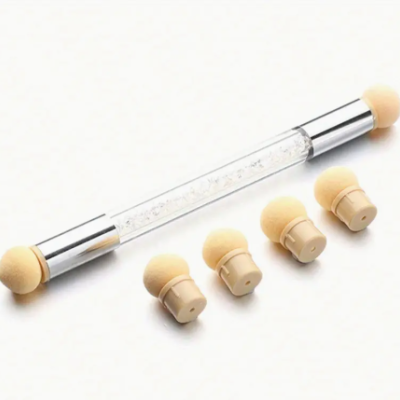 Aplicador duplo transparente para nail art com ponteiras esponjosas bege e cinco ponteiras extras