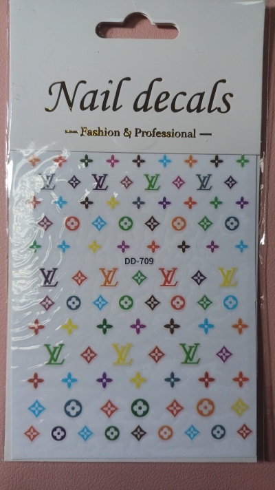 Pacote de Nail decals coloridos com padrões LV e flores, código DD-709