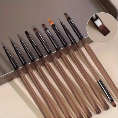 Conjunto de 10 pincéis para nail art com vários formatos de cerdas e cabo metálico cinza