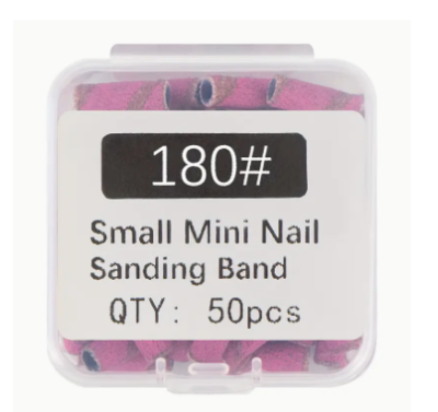 Caixa com bandas pequenas rosas para lixamento de unhas, etiqueta com texto 180# Small Mini Nail Sanding Band QTY: 50pcs.