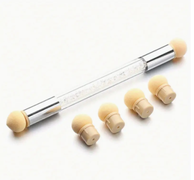 Aplicador duplo transparente para nail art com ponteiras esponjosas bege e cinco ponteiras extras