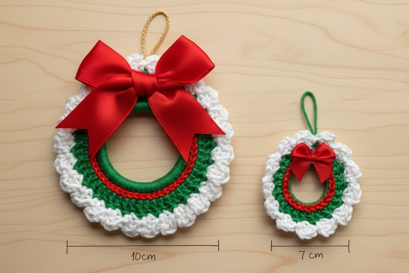 Enfeites de Natal em croché com laço vermelho e medidas indicadas em fundo de madeira clara
