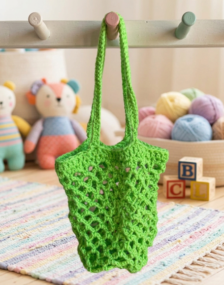 Saco de malha verde pendurado com brinquedos e bolas de lã ao fundo