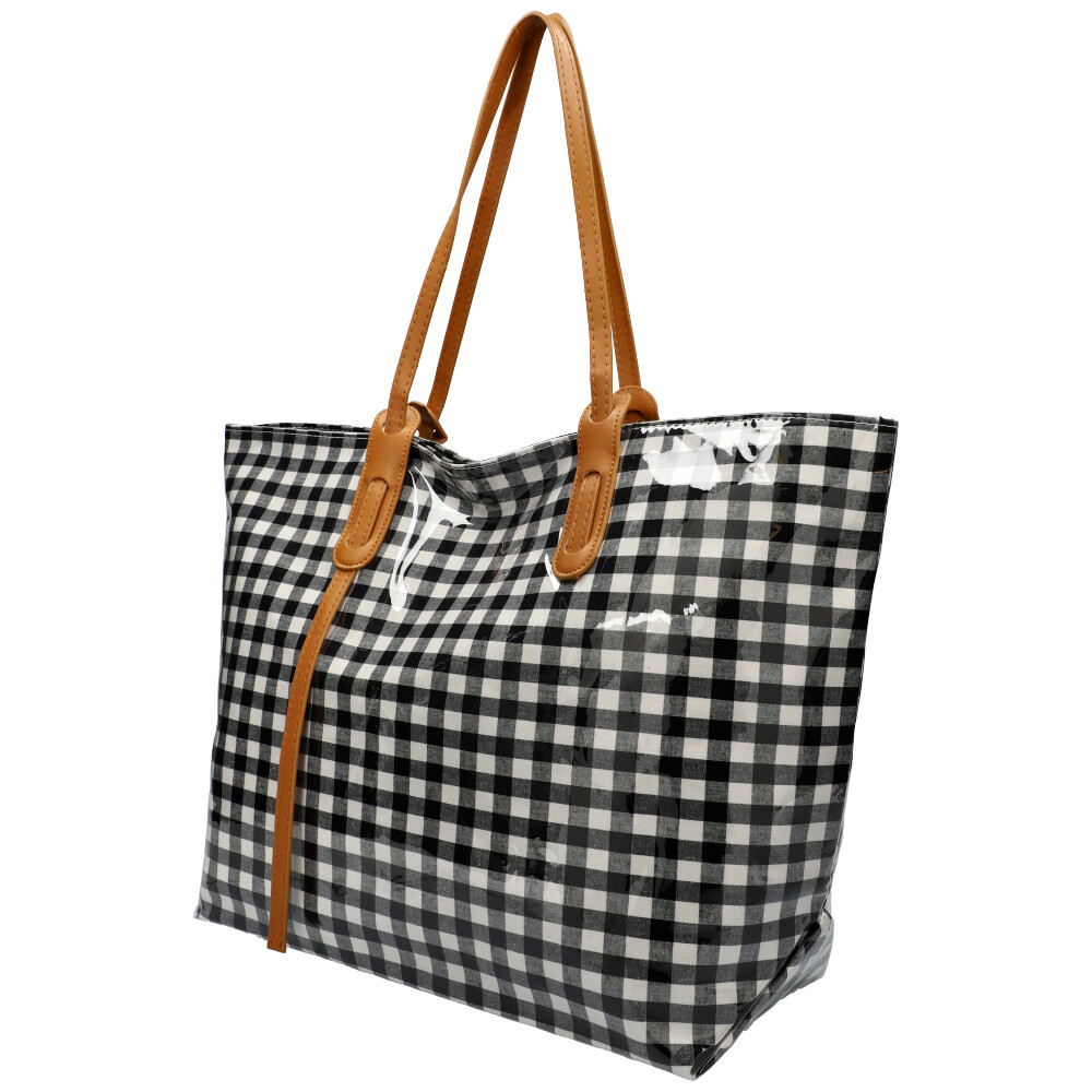 Mala tote xadrez preto e branco com alças castanhas