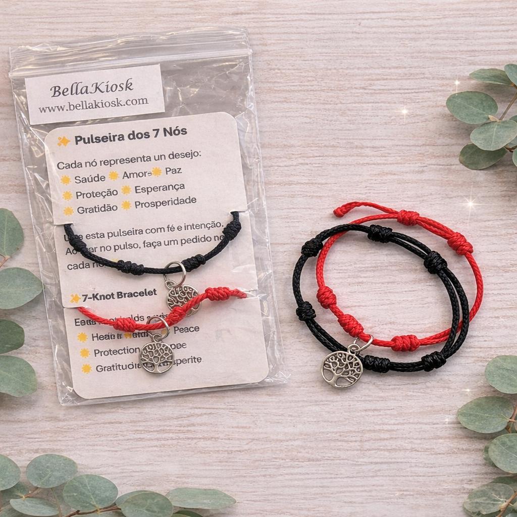 Pulseiras dos 7 nós vermelha e preta com pendente árvore da vida e embalagem com cartão informativo