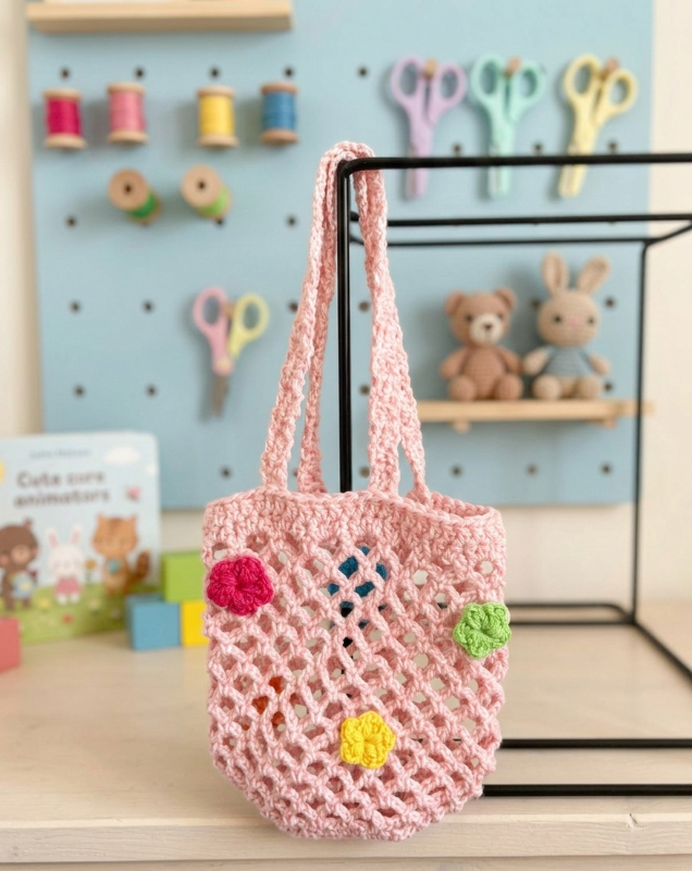 Saco de malha rosa com flores coloridas pendurado em estrutura metálica com fundo de parede azul e objetos de artesanato