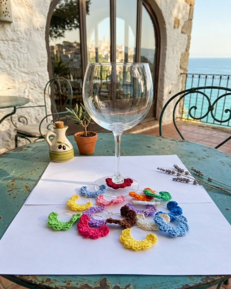 Taça de vidro com anéis coloridos de croché numa mesa verde antiga com vista para o mar
