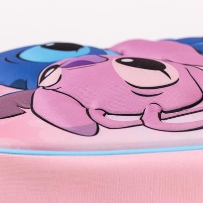 Mochila infantil rosa e azul com padrão de personagens animados