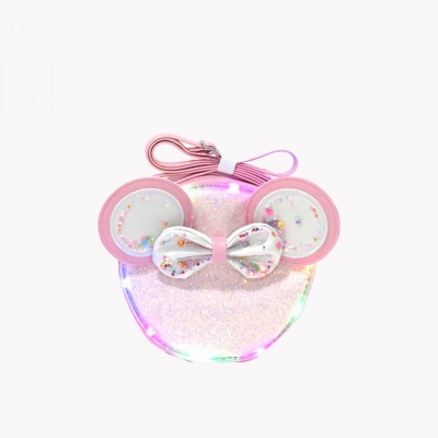 Mala de criança rosa com laço prateado, glitter e luzes LED coloridas
